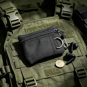 Tactical Mini Zipper Pouch, Canvas EDC Coin Purse with Carabiner, Multi-Functional Card Holder for Outdoor Sports, Earbuds Ke