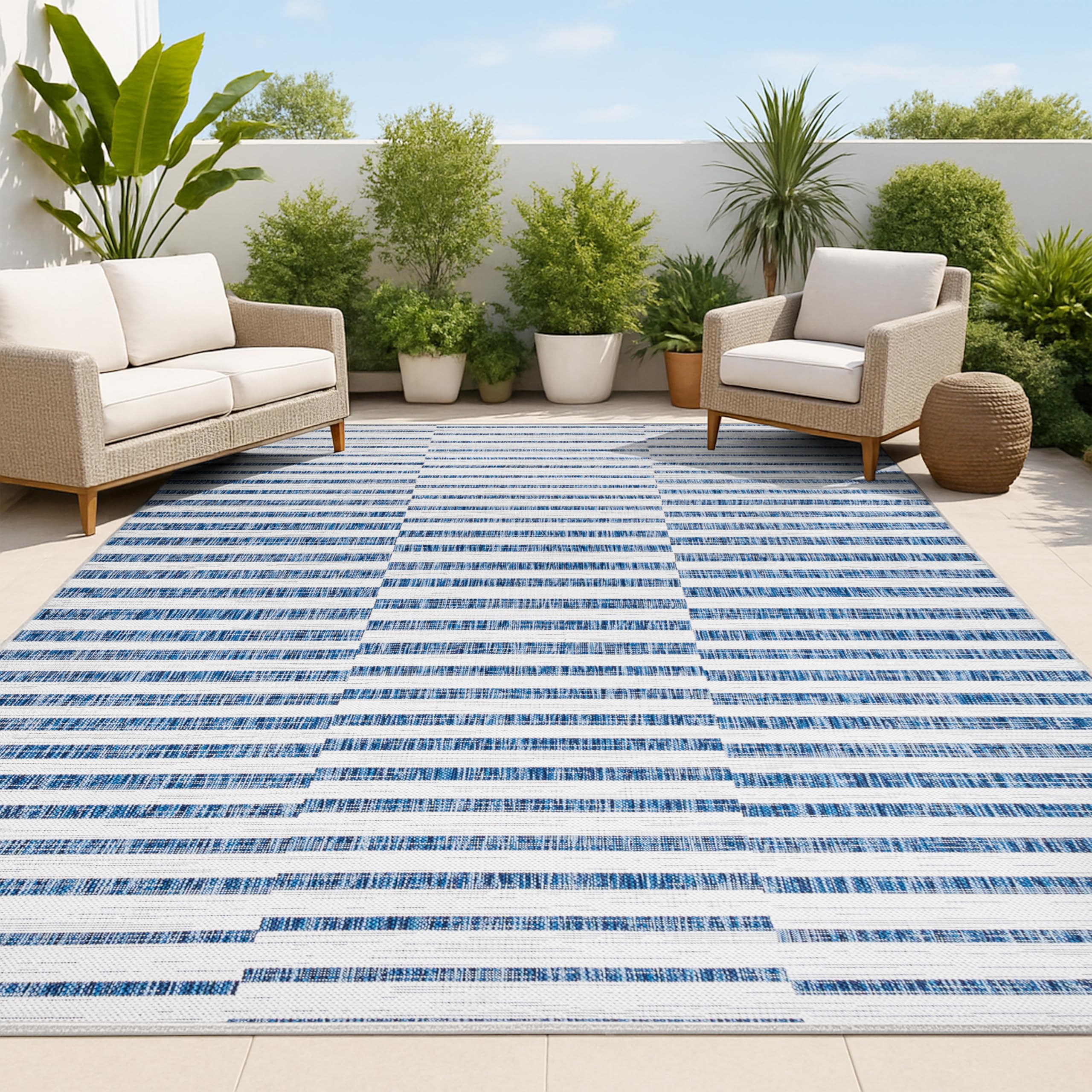 jonathan y offset stripe indoor outdoor area rug 5x8 ivory/blue, sukie modern for backyard, patio, p