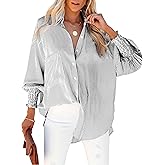 HOTEVE Women's Wrinkle-Resistant Smocked Cuffed Striped Button Shirt with Pocket Oversized Casual Boyfriend Blouse