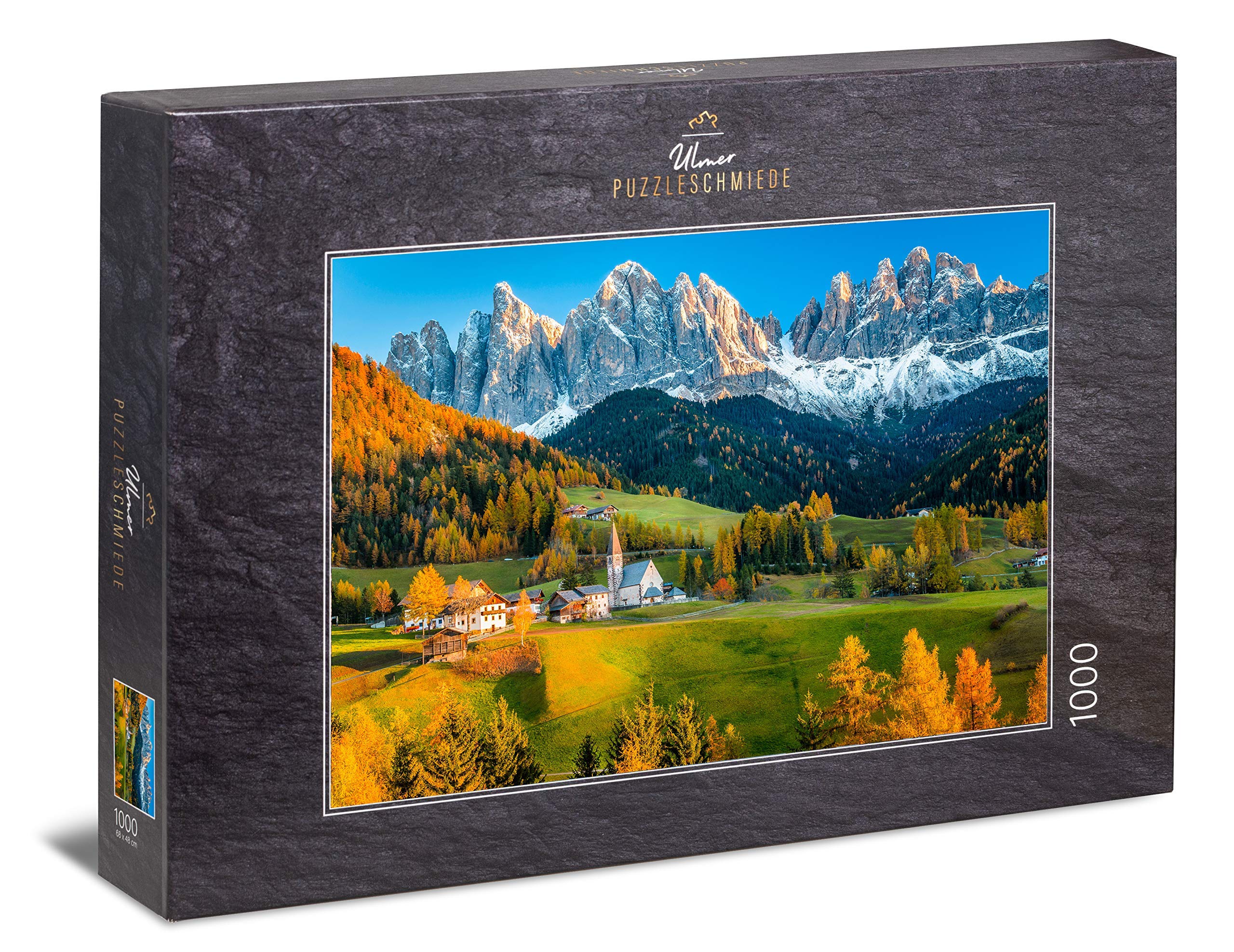 Ulmer Puzzleschmiede - Puzzle "St Magdalene" - 1000 pieces jigsaw puzzle - a picturesque mountain village in front of the panorama of the Geisler Group near Bozen in South Tyrol