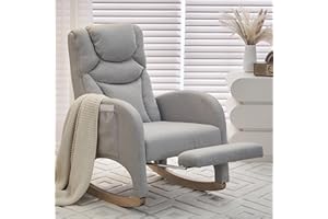 ZKZLAT Rocking Chair with Foot Rest, Nursery Glider Teddy Gliding Rocking Chair with Retractable Footrest Rubber Wood Legs Side Pocket High Back & Wide Seat Nursing Chair for Living Room (Light Gray)