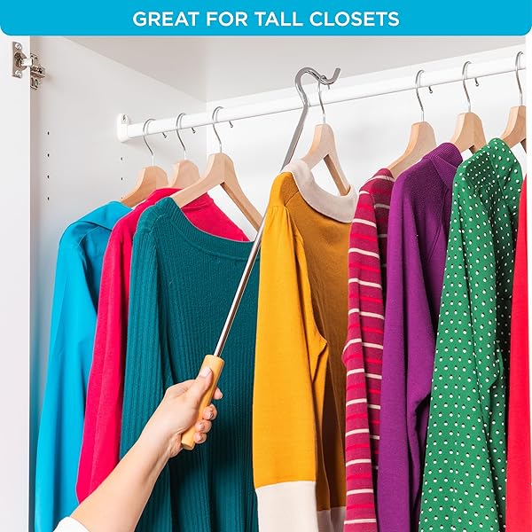 CLOSET REACHER POLE WITH HOOK AND WOODEN HANDLE, HEAVY DUTY – ADJUSTABLE 2.75-5 FEET, CHROME PLATED STEEL CLOTHING HANGER SHEPHERDS HOOK TO EASILY REACH CLOTHES ETC – PERFECT FOR COLLEGE DORM
