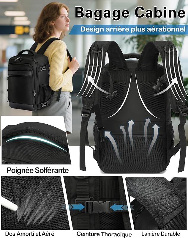 Sac à dos Voyage Cabine Avion 40x30x20 Bagage Cabine pour Ryanair easyJet Eurowings 24L Sac à dos Anti-vol pour Ordinateur 15,6 Pouces Homme Femme Noir