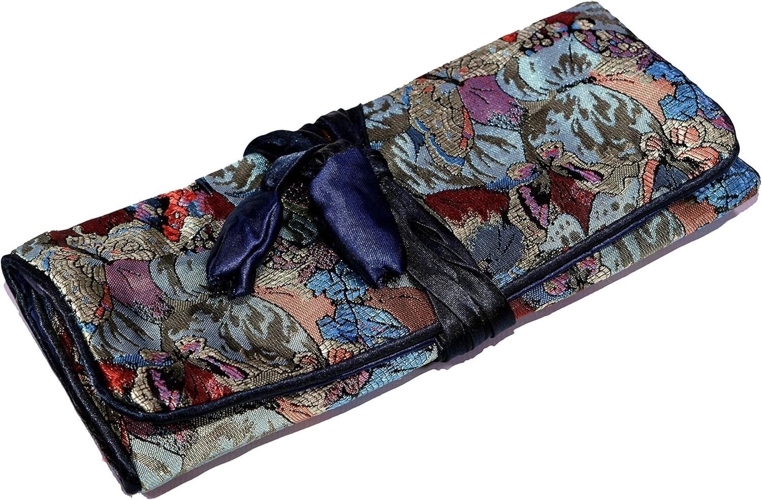 Multicolour Butterfly Embroidered Silk Make Up Bag Wrap Jewellery Roll