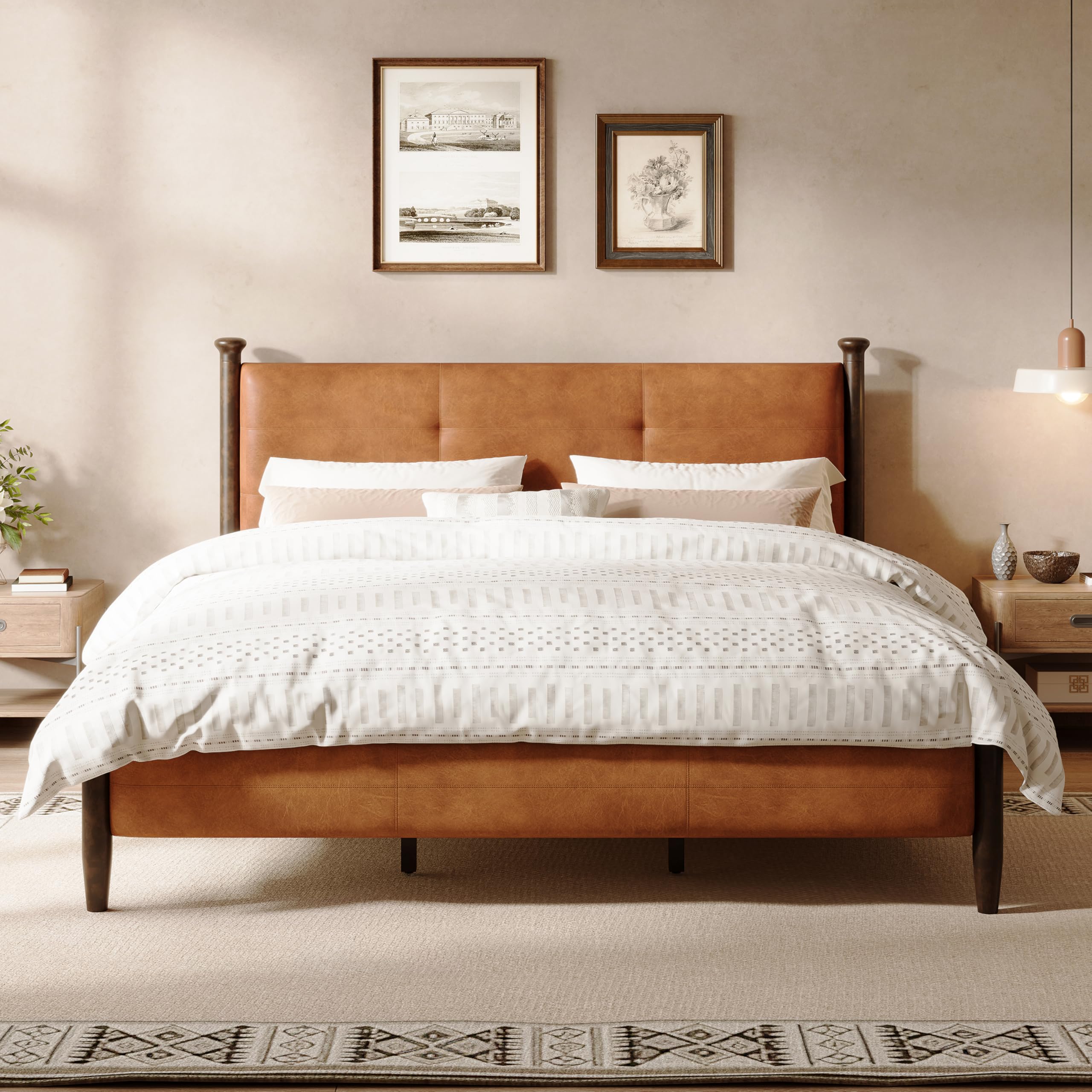 View 1 of **only headboard**Merax Vintage King PU Leather Upholstered Bed Frame, High-Back Design Platform Bed with Tufted Headboard & Solid Wood Legs, Brown