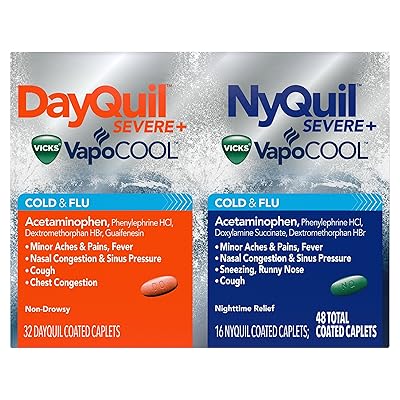 DayQuil and NyQuil SEVERE with Vicks VapoCOOL Cough, Cold &amp; Flu Relief, 48 Caplets (32 Dayquil, 16 Nyquil) - Sore Throat, Fever, and Congestion Relief, Day or Night, (Packaging May Vary)