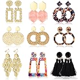HAIAISO 9Pairs Clip on Drop Earrings for Women Statement Rattan Resin Acrylic Tassel Drop Dangle Earrings Lightweight Geometric Hoop Non Piercing Earrings-style