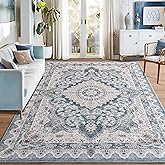 Foxmas 6x9 Area Rugs for Living Room, Machine Washable Vintage Rug, Non-Slip Low Pile Throw Rugs with Rubber Backing Washable Carpet for Bedroom Dining Room Kitchen Home Decor, Blue