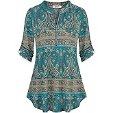 BEPEI Womens Floral 3/4 Sleeve Shirts Zip up V Neck Work Chiffon Blouses Top