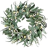 Sggvecsy Artificial Eucalyptus Wreath - 21 Inch Greenery Wreath with Green Leaves and Mixed White Berries for Spring/Summer Home Decor