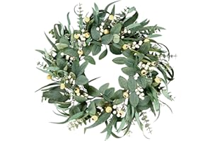 Sggvecsy Artificial Eucalyptus Wreath for Front Door 21 Inch Greenery Wreath Green Leaves Wreath with Mixed White Berries Spring Summer Wreath for Farmhouse Window Porch Wall Home Indoor Outdoor Decor