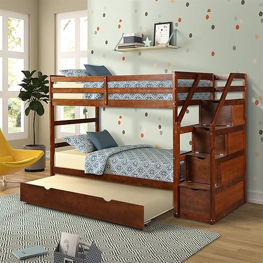 Amazon Com Twin Over Twin Trundle Bunk Beds Wood For Kids With 4