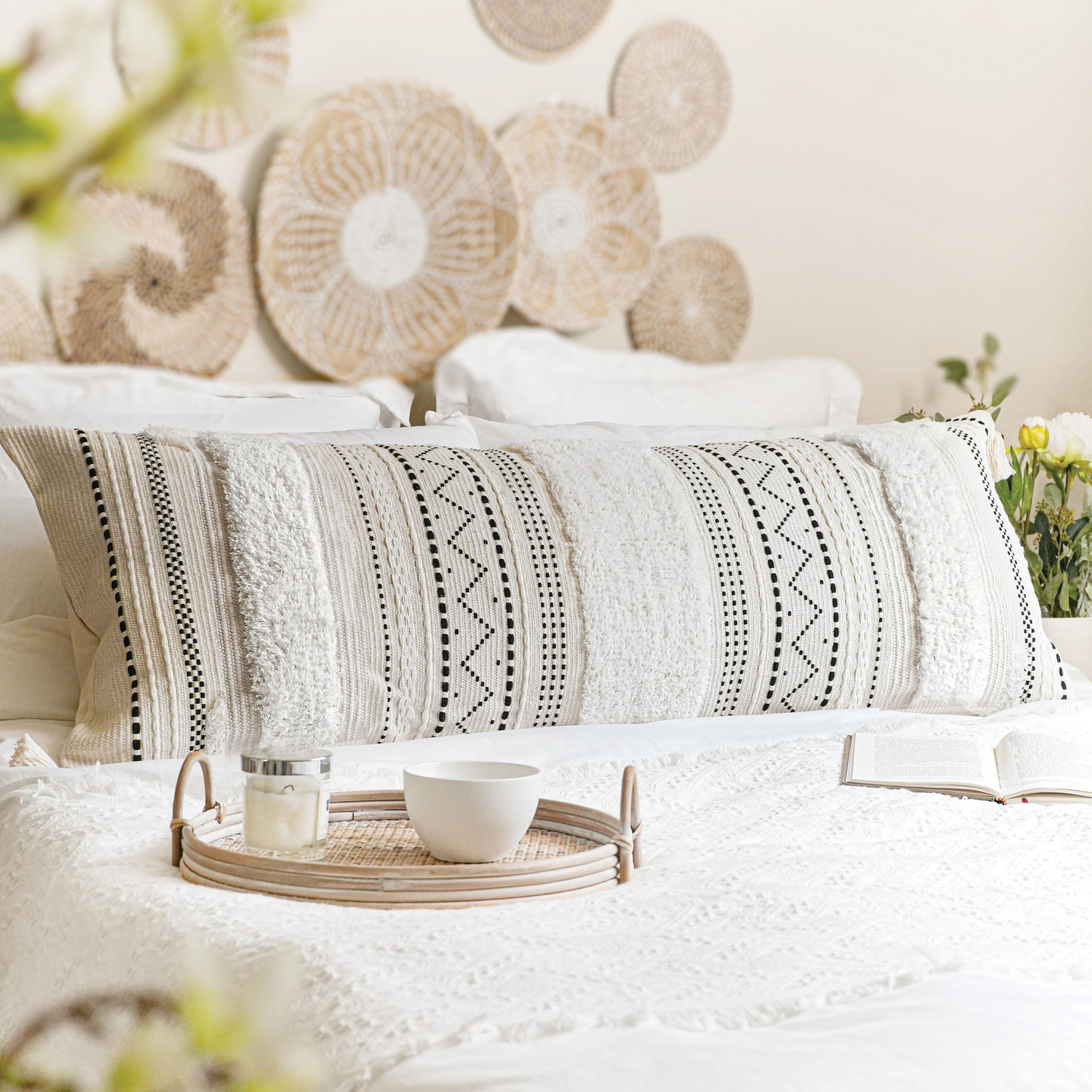 BlissBlush 20X54 Oversized Large Lumbar Pillow Cover for Bed, Rectangular Long Decorative Throw Pillowcase, Cotton Boho Accent Cushion with Black Tufted Pattern and Tassels, Cream Neutral (Cover Only)