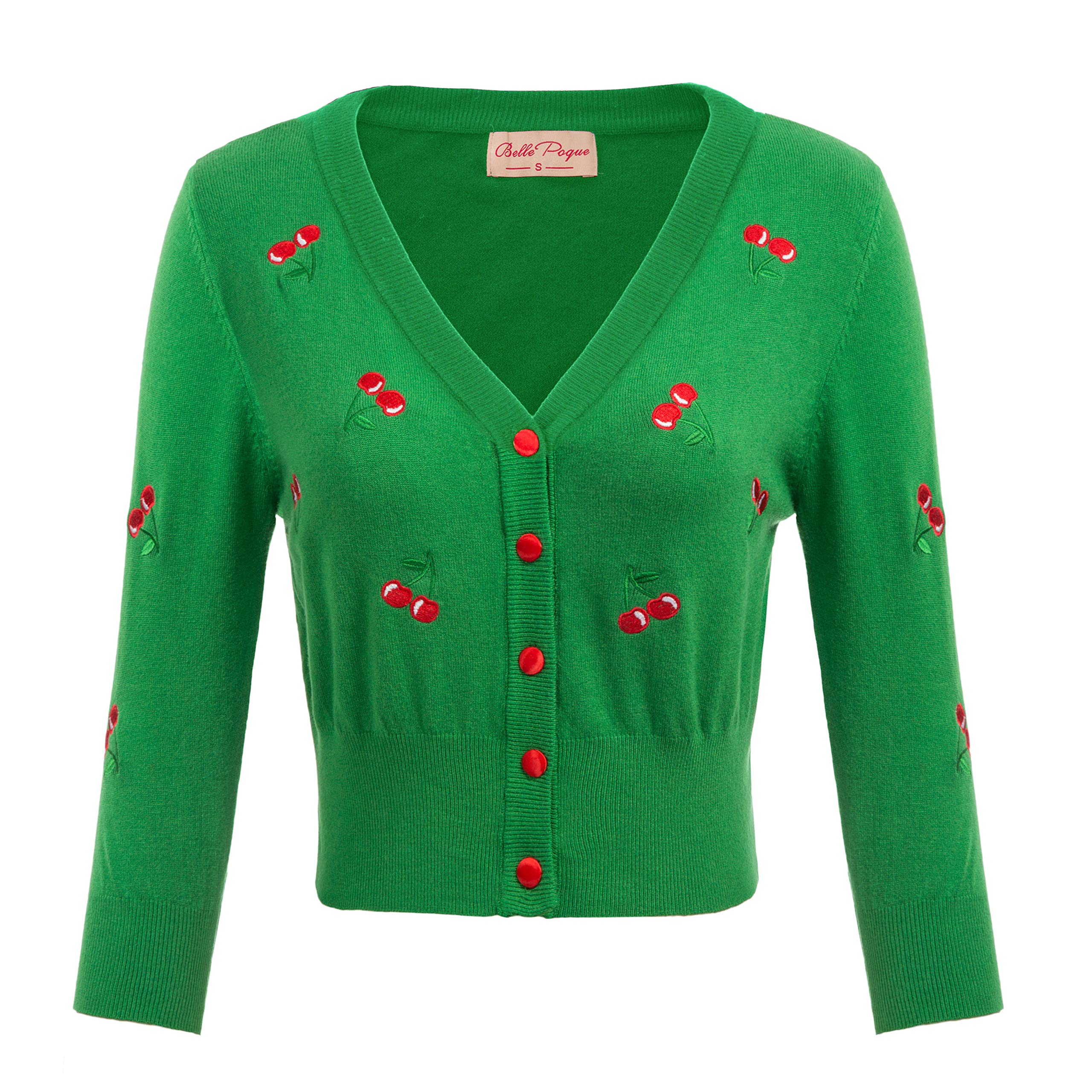 Belle Poque Women's 3/4 Sleeve V-Neck Button Down Cherries Embroidery Cropped Cardigan Sweater Coat