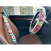 YDMZZB Crochet Steering Wheel Cover,Sunflower Crochet Steering Wheel Cover,Galsang Flower Steering Wheel Cover for Women & Girl (Steering Wheel Cover+2 Seatbelt Covers)