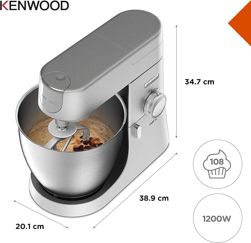 KVL4100S Impastatrice Planetaria Chef XL con Ciotola da 6,7L, 3 Ganci di Miscelazione, Personalizzabile con oltre 25 Accessori Opzionali Acquistabili Separatamente, Potenza 1200W, Silver