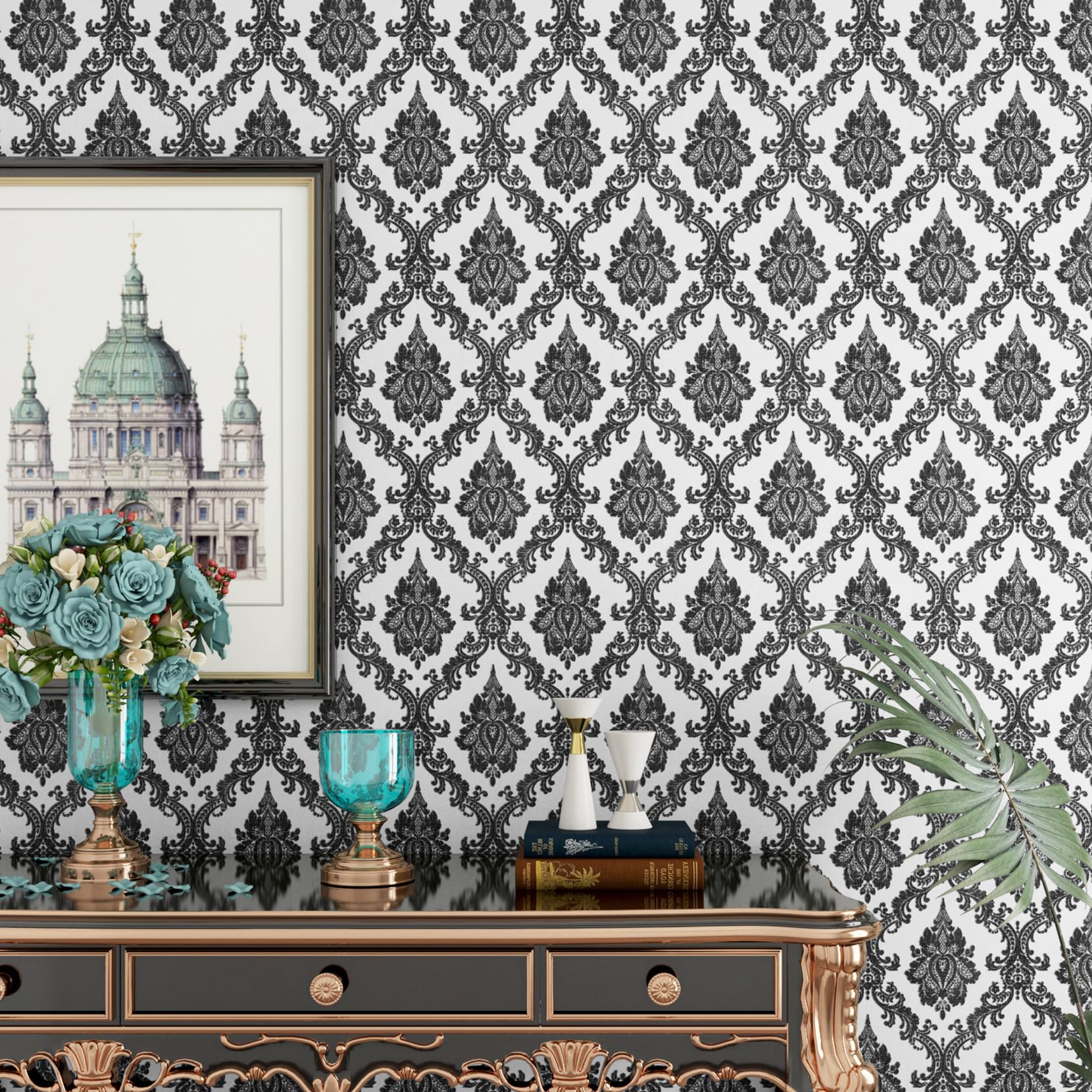 Photo 1 of ReWallpaper Victorian Wallpaper Stick and Peel Black Damask Wallpaper 17.7in X 23ft Vintage Wall Paper for Bathroom Waterproof Decorative Damask Contact Paper Self Adhesive Vinyl for Walls Living Room