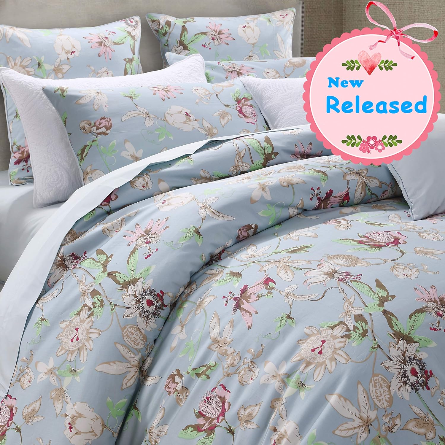 Brandream Duvet Cover Set Twin Size (Duvet Cover + 2 Pillow Shams) Blue Vintage Botanical Flower Printed Kids Floral Girls Bedding Set 800TC Egyptian Cotton Sateen