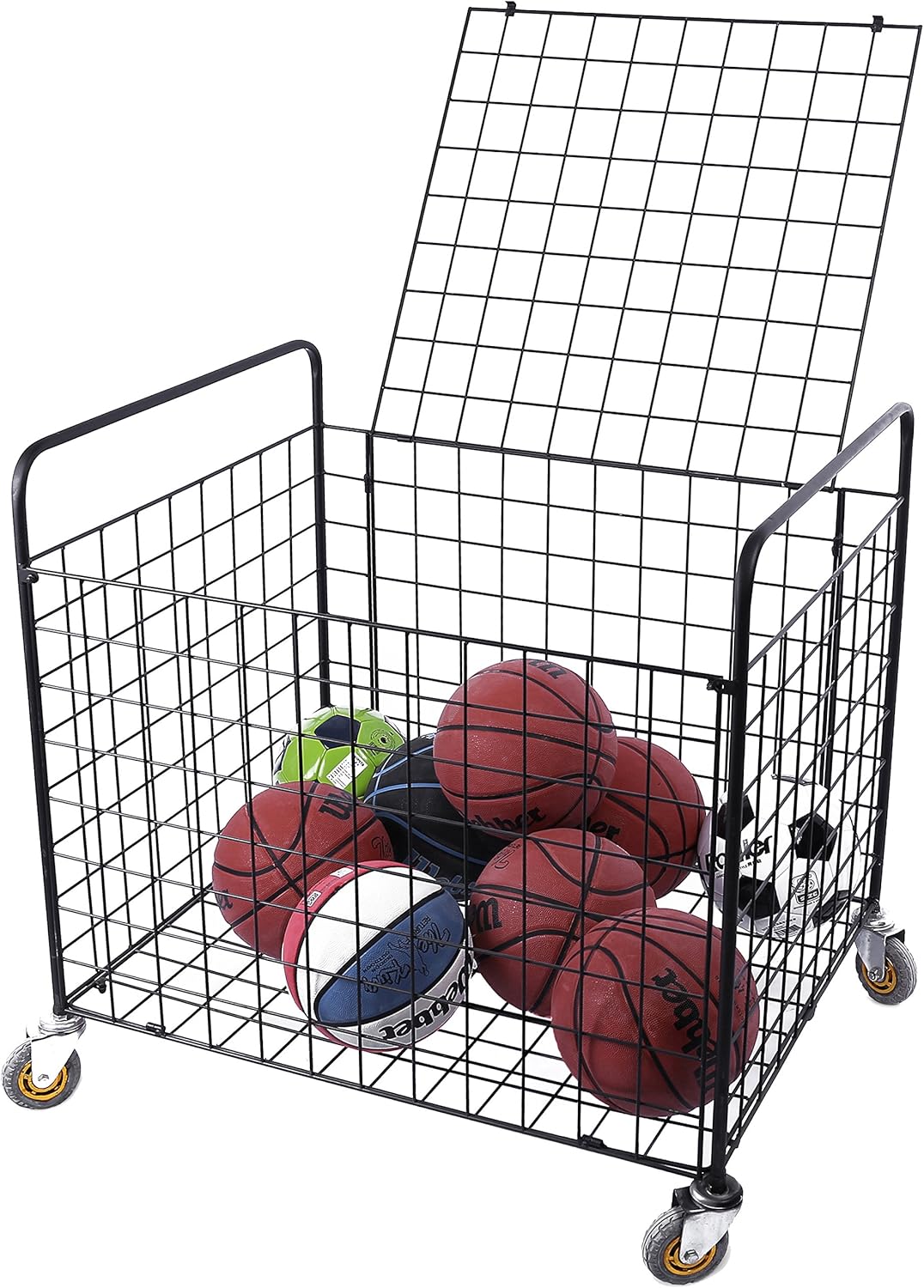 MyGift Black Metal Rolling Multi Sports Ball Storage Hopper & Basketball, Football, Soccer Equipment Cart: Sports & Outdoors
