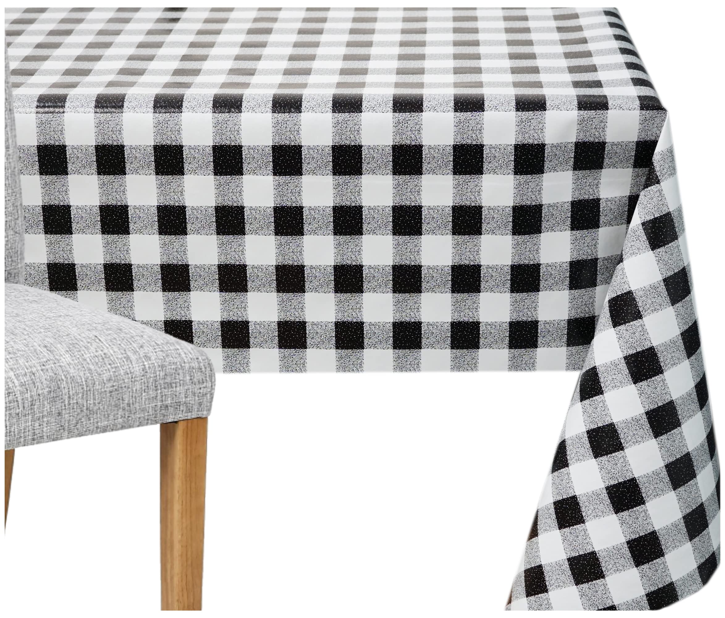 Gingham Checked Wipe Clean Tablecloth PVC Table Cloth Vinyl Waterproof Fabric Table Protector For Kitchen Dining Table (140 x 250 cm, Black)