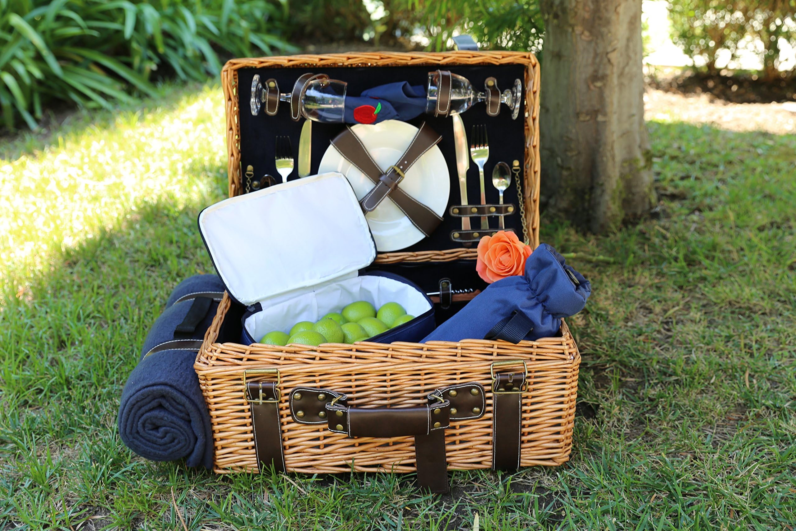 Picnic Pack English Style 2 Persons Corduroy Willow Basket, Blue, One Size