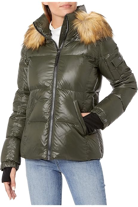 black faux fur hood fitted puffer jacket