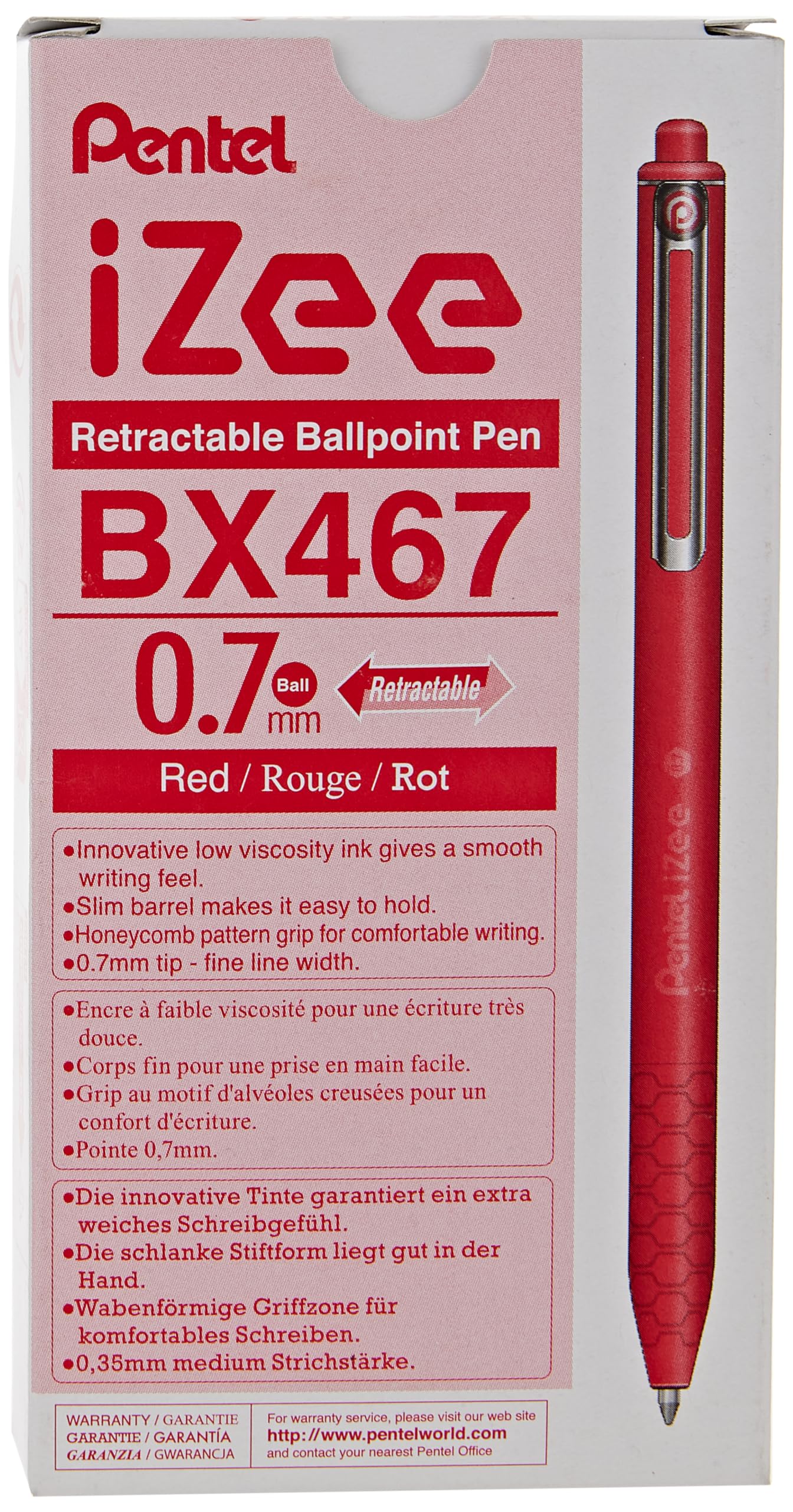 Pentel I Zee Retractable Ballpoint Pen, Red, 0.7 mm, Pack of 12
