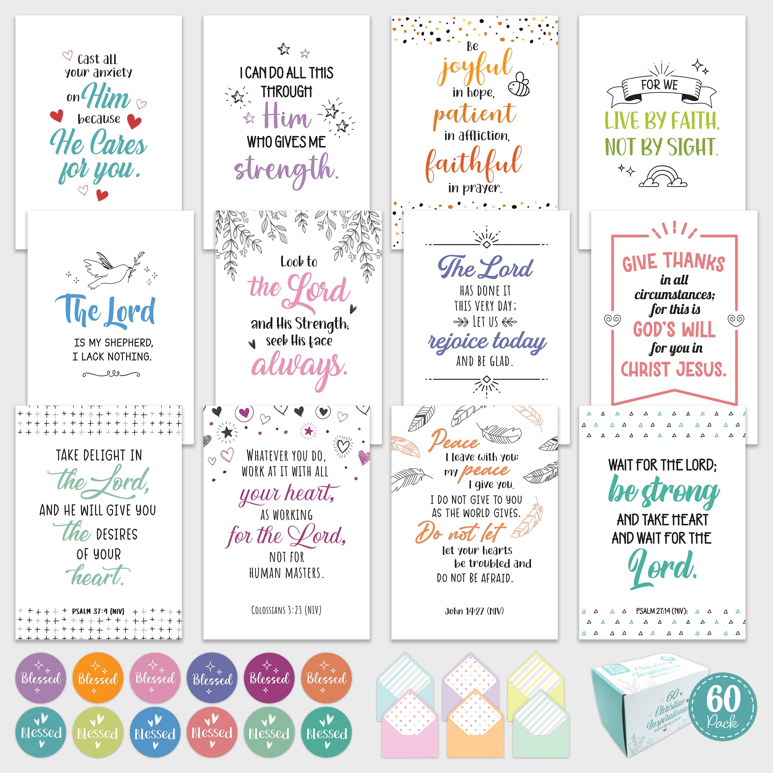 Photo 1 of Decorably 60 Pack 5x7in Christian Encouragement Cards with Envelopes and Stickers - 12 Inspirational Designs Folded Christian Greeting Cards Assortment Box, with Printed Message Inside