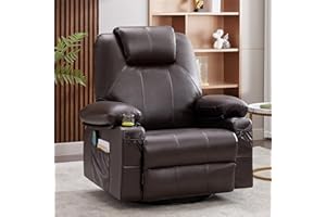 Weture Swivel Rocker Recliner Chair with Massage and Heat, 360 Degree Swivel Rocking Single Sofa with Cup Holders and USB Port, Big Oversized Recliner Chair for Living Room (Leather, Brown)