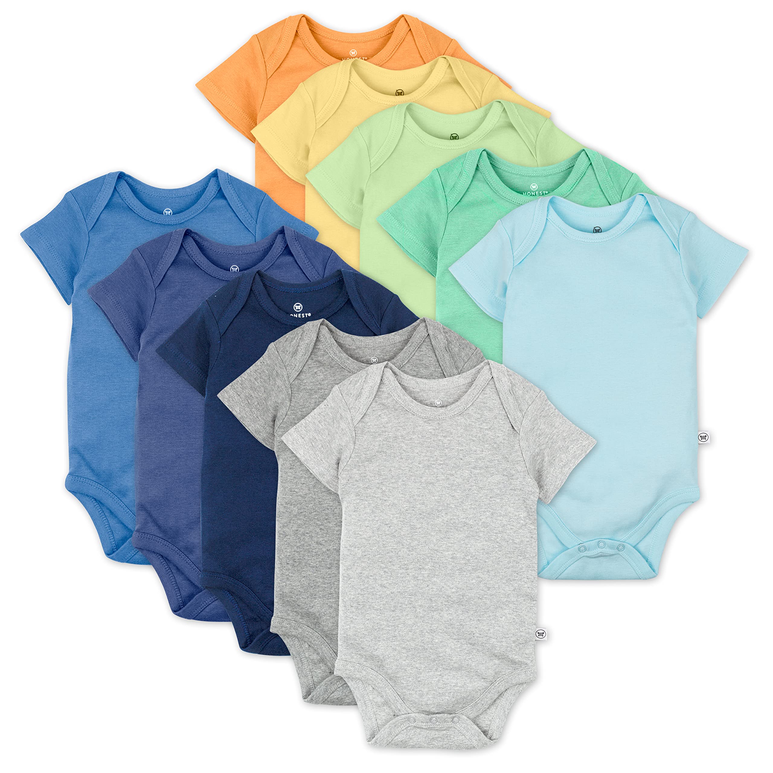 HonestBaby 10-Pack Short Sleeve Bodysuits One-Piece 100% Organic Cotton for Infant Baby Boys, Girls, Unisex, Rainbow Blues, 24 Months