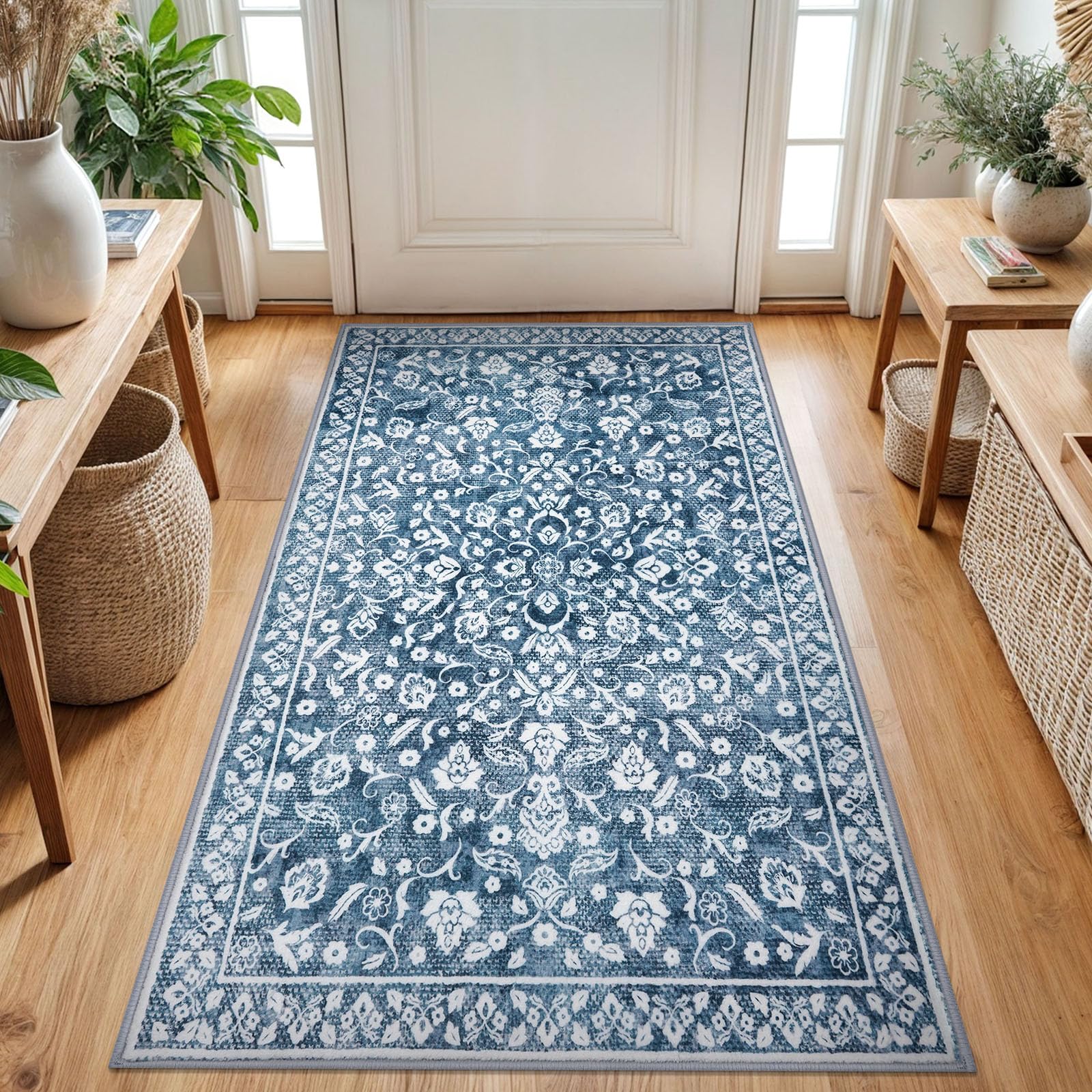 Photo 1 of SILOLOOM Vintage 3x5 Washable Rug for Entryway, Super Soft Blue and White Entryway Rug Non-Slip, Printed Faux Wool Floral 3x5 Area Rug Thin Floor Carpet for Kitchen, Bedroom, Office, Living Room