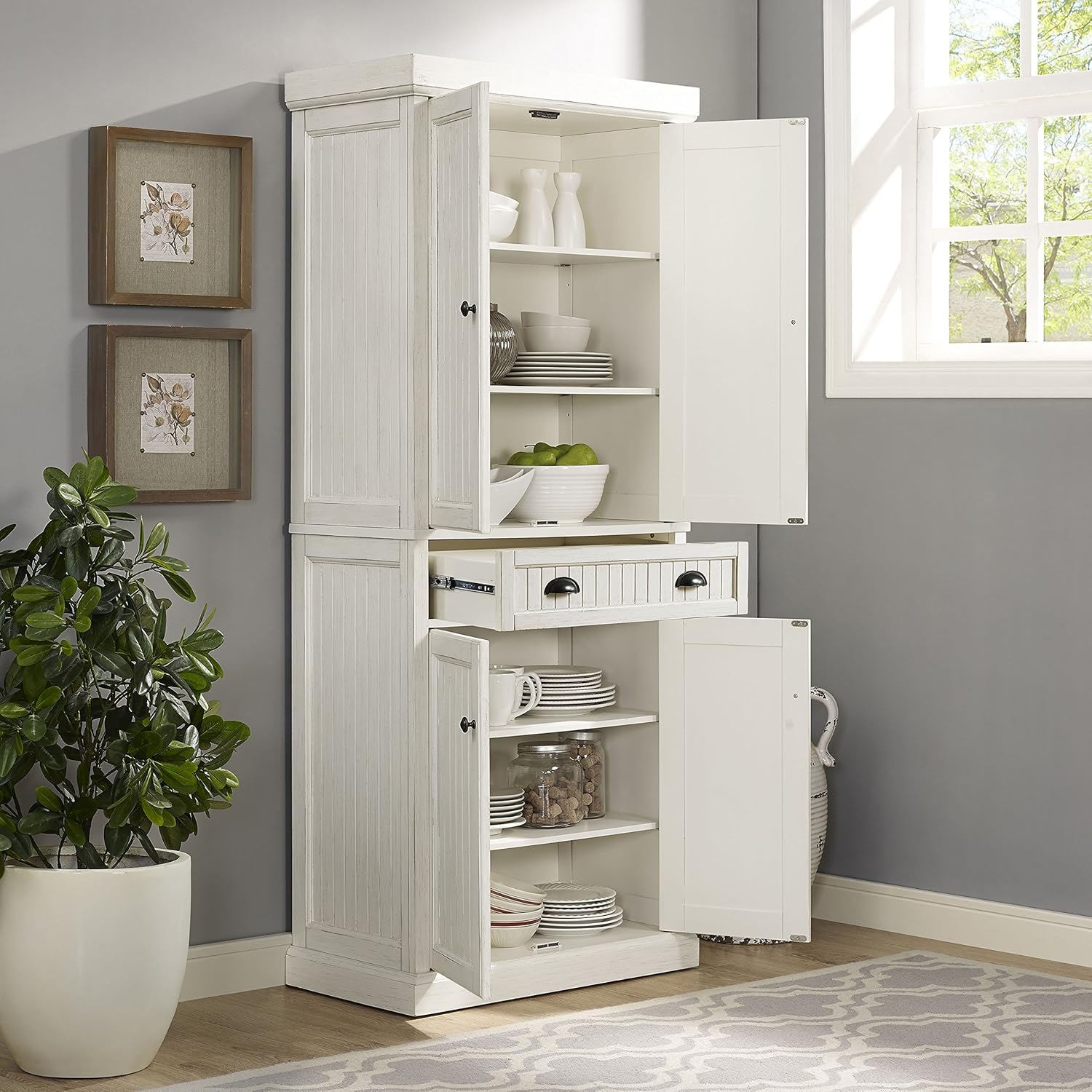 Crosley Furniture Seaside Kitchen Pantry Cabinet - Distressed White: Furniture & Decor