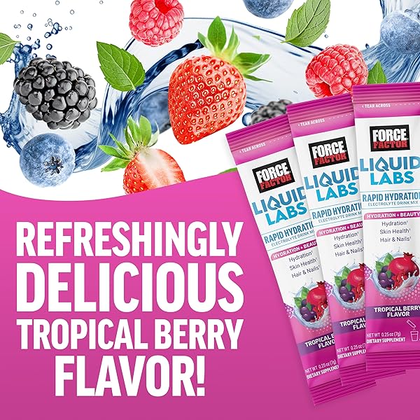 FORCE FACTOR LIQUID LABS BEAUTY, HYDRATION PACKET FOR STRONGER HAIR, SKIN & NAILS. ELECTROLYTES POWDER WITH HYALURONIC ACID, BIOTIN, AND CERAMIDES. TROPICAL BERRY FLAVOR, 20 STICK PACKS