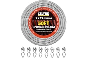 CELYND Stainless Steel Cable for Railing - 50FT 1/4" T316 Wire Rope with Clamps and Thimbles - 7 x 19 Strands 6700 LBS Breaking Strength for Outdoor Deck Railing Zipline