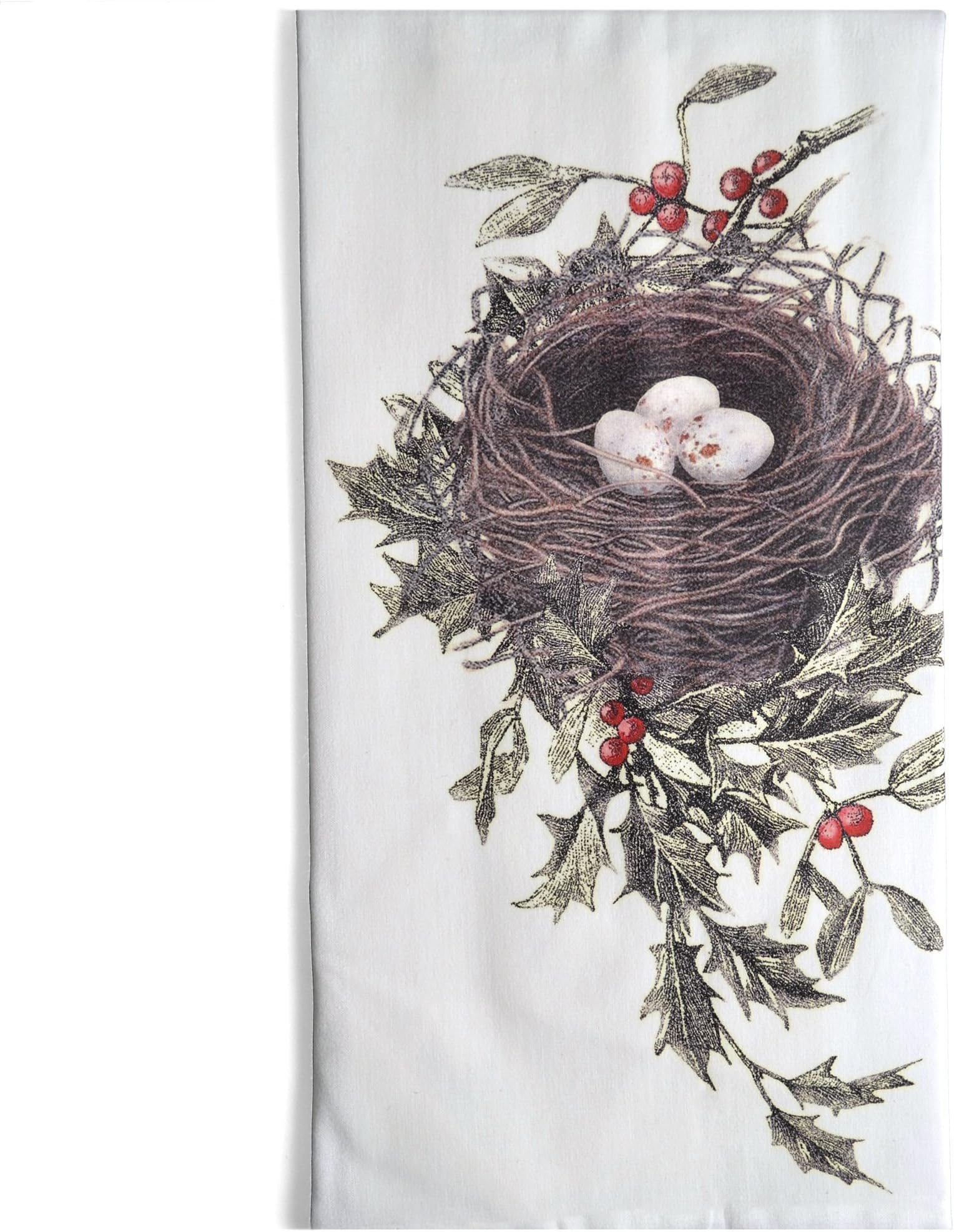 Montgomery Street Bird's Nest and Holly Cotton Flour Sack Dish Towel