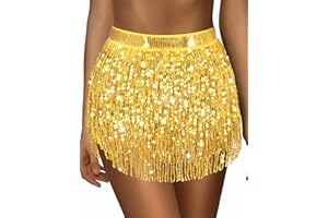 SARFEL Sequin Skirt Sparkly Skirt Belly Dance Skirt Glitter Skirt Rave Sparkle Skirt Sequin Tassel Skirt Fringe Hip Scarf Women