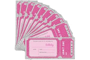BSNZZIO Pink Glitter Birthday Invitation Ticket, Glitter Invitation for Girls Teens, 20 Ticket With Envelopes, 3.5 x 8 inch Double-Sided Fill In Birthday Party Personalized Invites Cards - A