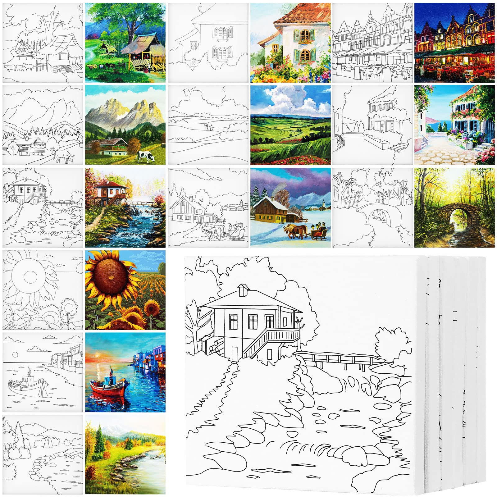 Photo 1 of Teling 12 Pcs Pre Drawn Stretched Canvas Kit for Adults Painting Pre Printed Canvas Outline for DIY Painting Party Favor,6 x 6 x 0.6 Inches(Landscape)