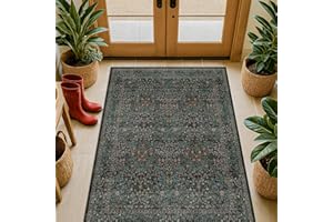Vintage Floral Dark Green 3x5 Area Rugs for Entryway, Kitchen, Bedroom Beside Rug, Laundry Room, Non-Slip Low Pile Ultra Soft