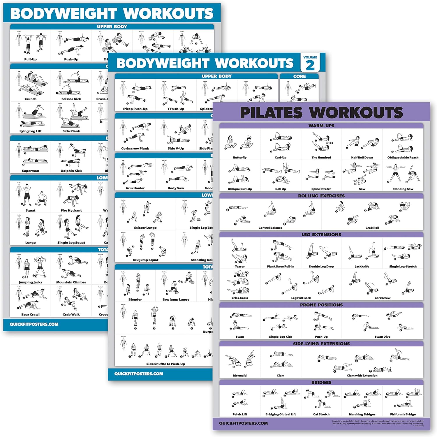 3 Pack: Bodyweight Workout Posters Volume 1 & 2 + Pliates Exercises Poster Set - Set of 3 Workout Charts
