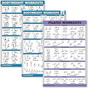3 Pack: Bodyweight Workout Posters Volume 1 & 2 + Pliates Exercises Poster Set - Set of 3 Workout Charts