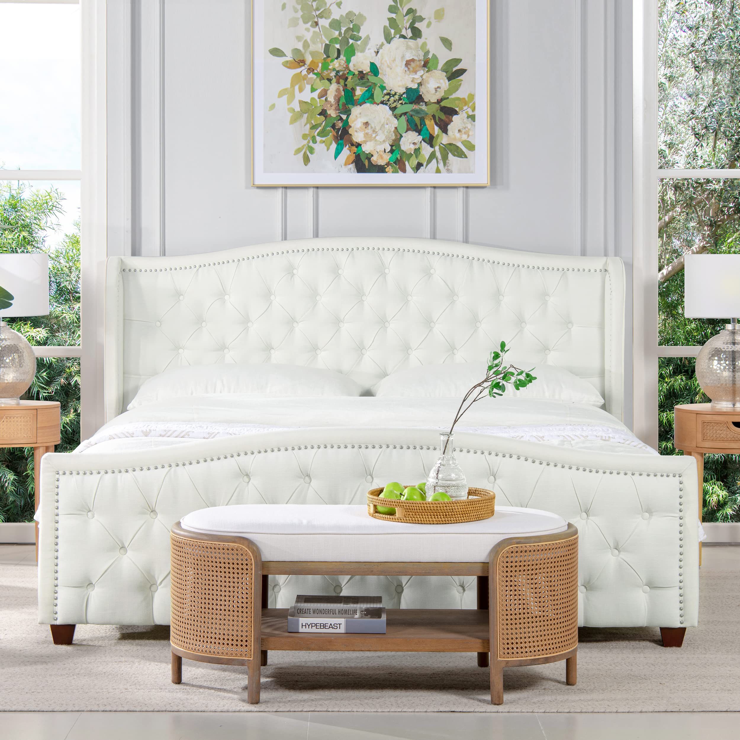 Photo 1 of Jennifer Taylor Home Zayla Wingback Upholstered Platform Bed Frame (Antique White Polyester, King (U.S. Standard))