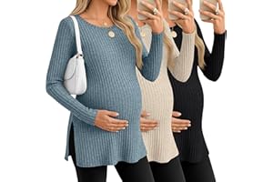 Ficerd 3 Pack Women's Maternity Shirts, Ribbed Long Sleeve Pregnancy Sweaters Crew Neck Slit Side Knit Pregnant Tunic Tee Top