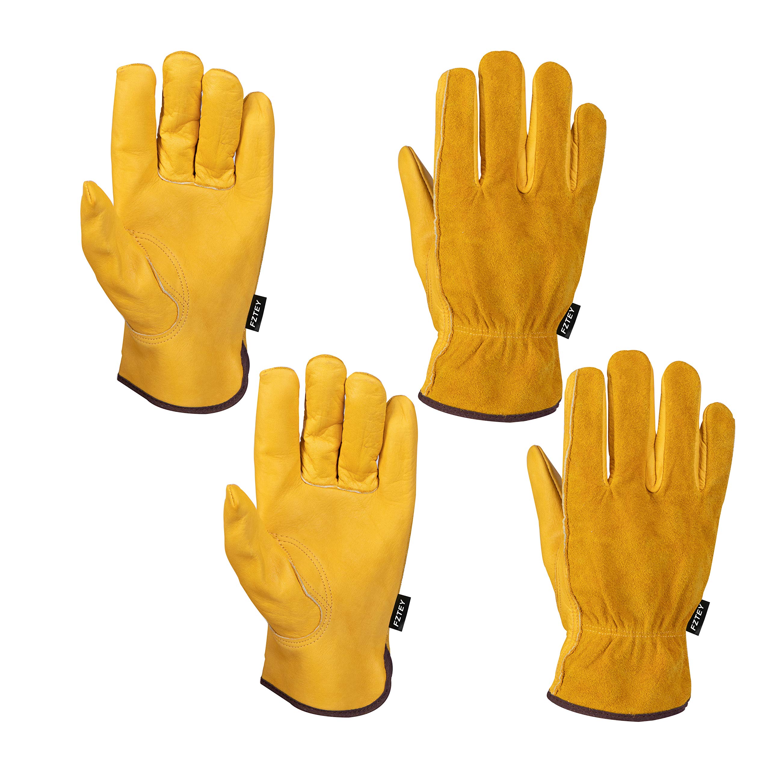 FZTEY 2 Pairs Gardening Work Gloves Ladies, Safety Protective Leather Gauntlets for Men & Women Birthday & Christmas Gifts 7(Small, Yellow)