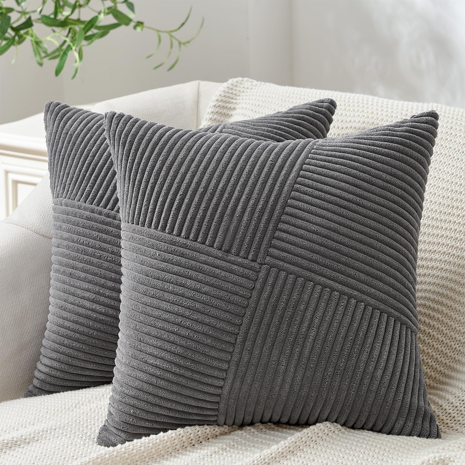 Topfinel Dark Grey Cushion Covers 40x40 cm 16x16 Inch Set of 2 Corduroy Patchwork Pinwheel Throw Pillow Cases with Invisible Zipper Decorative Sofa Cushion Covers for Living Room Bedroom Sofa Bed — image 1