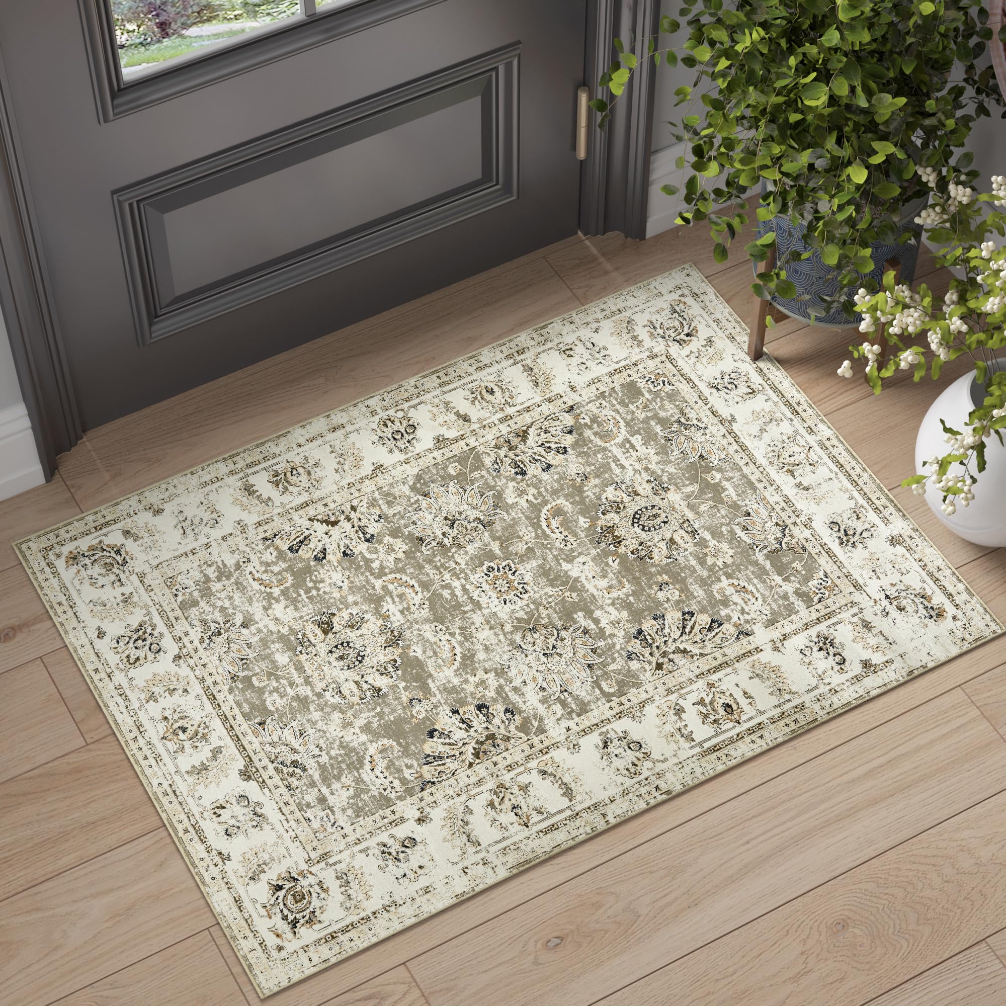 Photo 1 of jinchan Floral 2x3 Rug for Entryway - Vintage Washable Area Rug Ultra-Thin Low Pile Soft Small Non Slip Distressed Indoor Door mat Accent for Entrance Kitchen Bathroom Bedroom (2x3ft,Taupe)