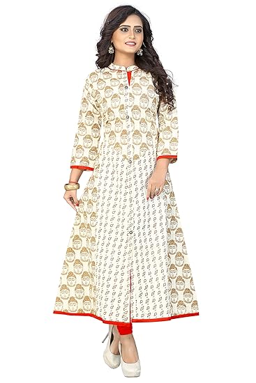 Navabi Export Womens White Color Cotton Fabrics A-Line Kurta (VF-KU-94)