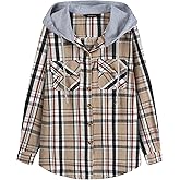 Derbars Womens Flannel Hoodie Shirts Long Sleeve Plaid Jacket Casual Cotton Button Down Shirt for Women