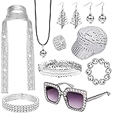 LOREMOW 12 Pcs Disco Costume Accessories Set for Women Sequin Hat Scarf Headband Sunglasses 70s Retro Theme Bracelet Ring Necklace Earrings for Halloween Costume Party