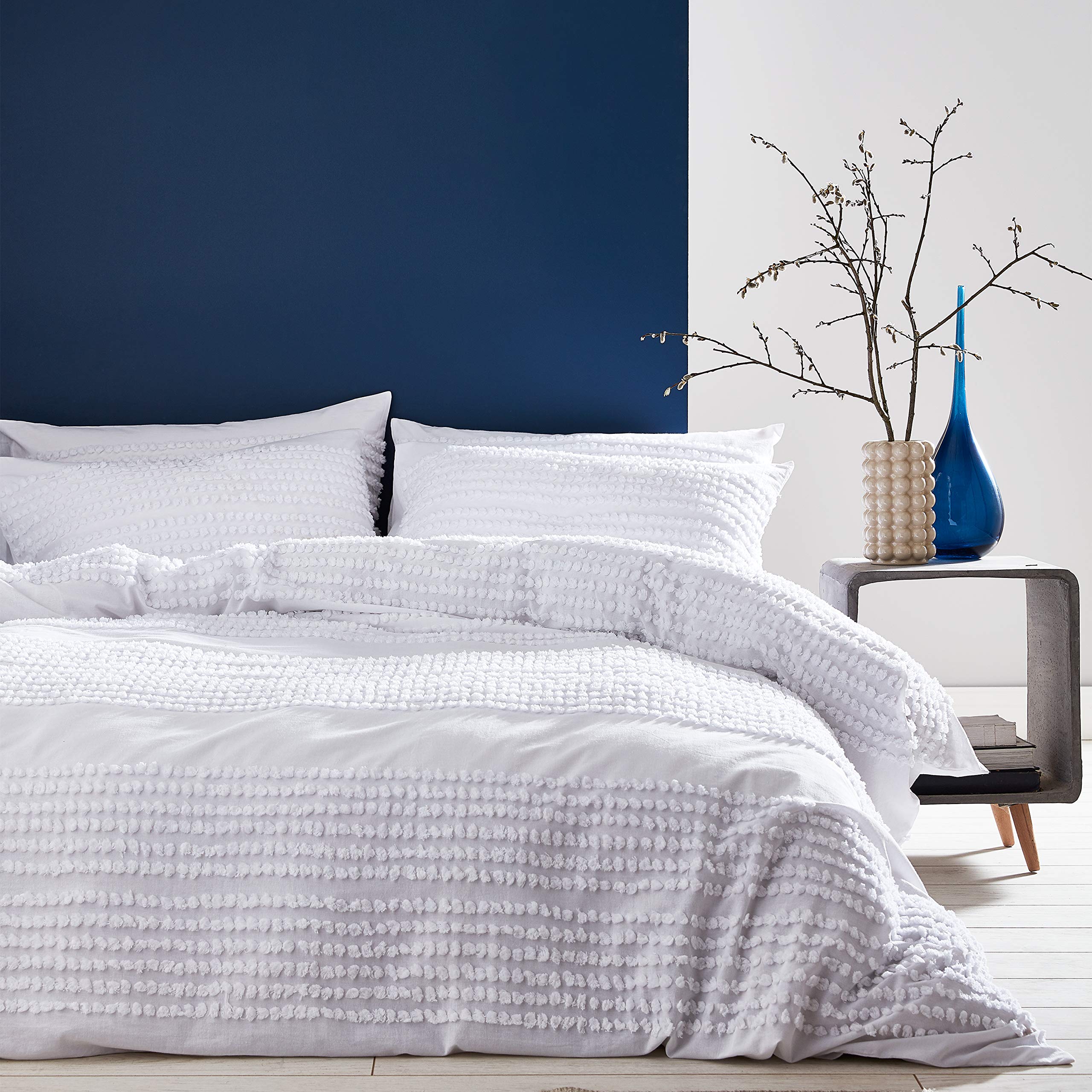 Bianca Malmo Cotton Tufted Bands Double Duvet Set White ,BD/52518/R/DQS/WH